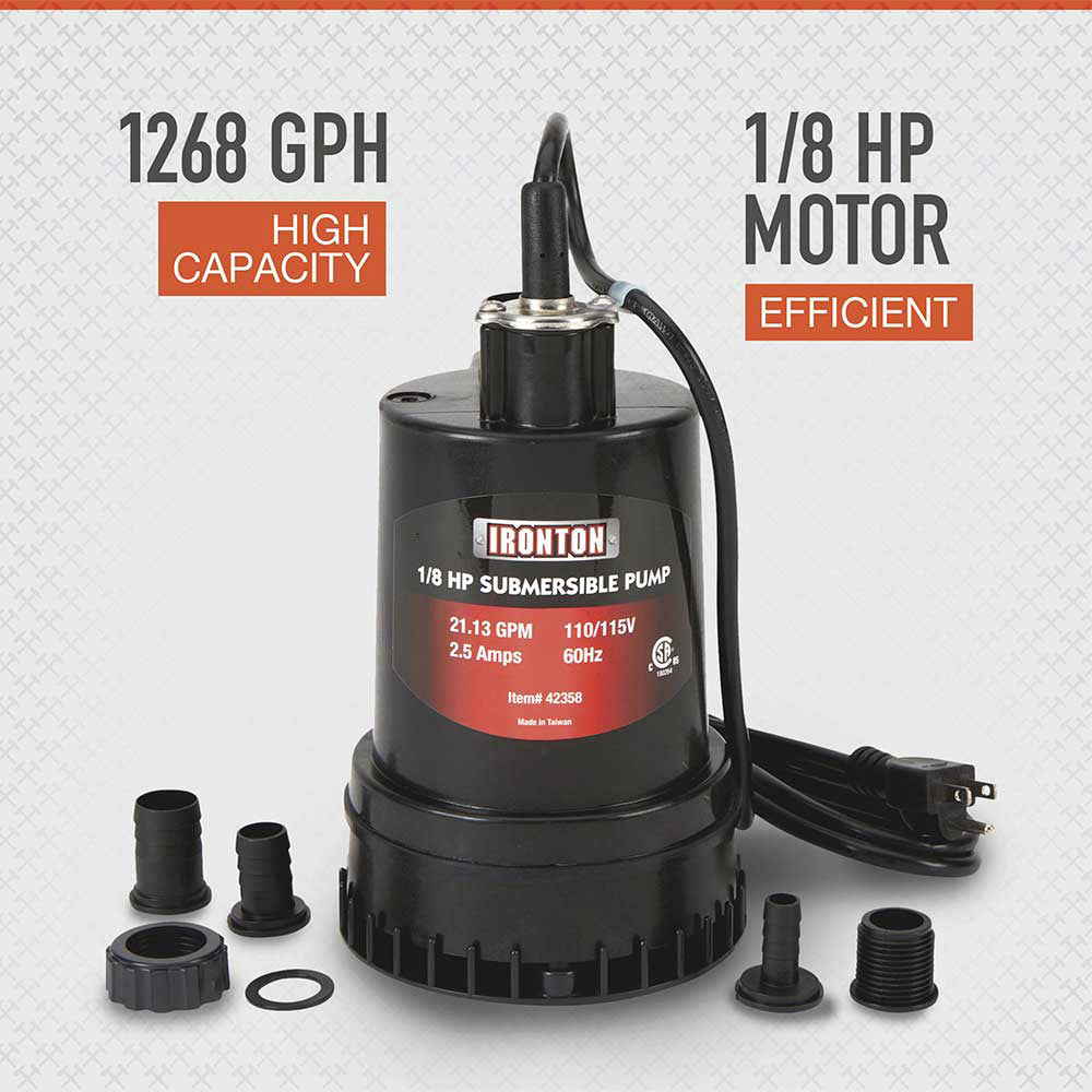 Ironton Submersible Pump | 1,268 GPH | 1/8-HP | 1-In. Port