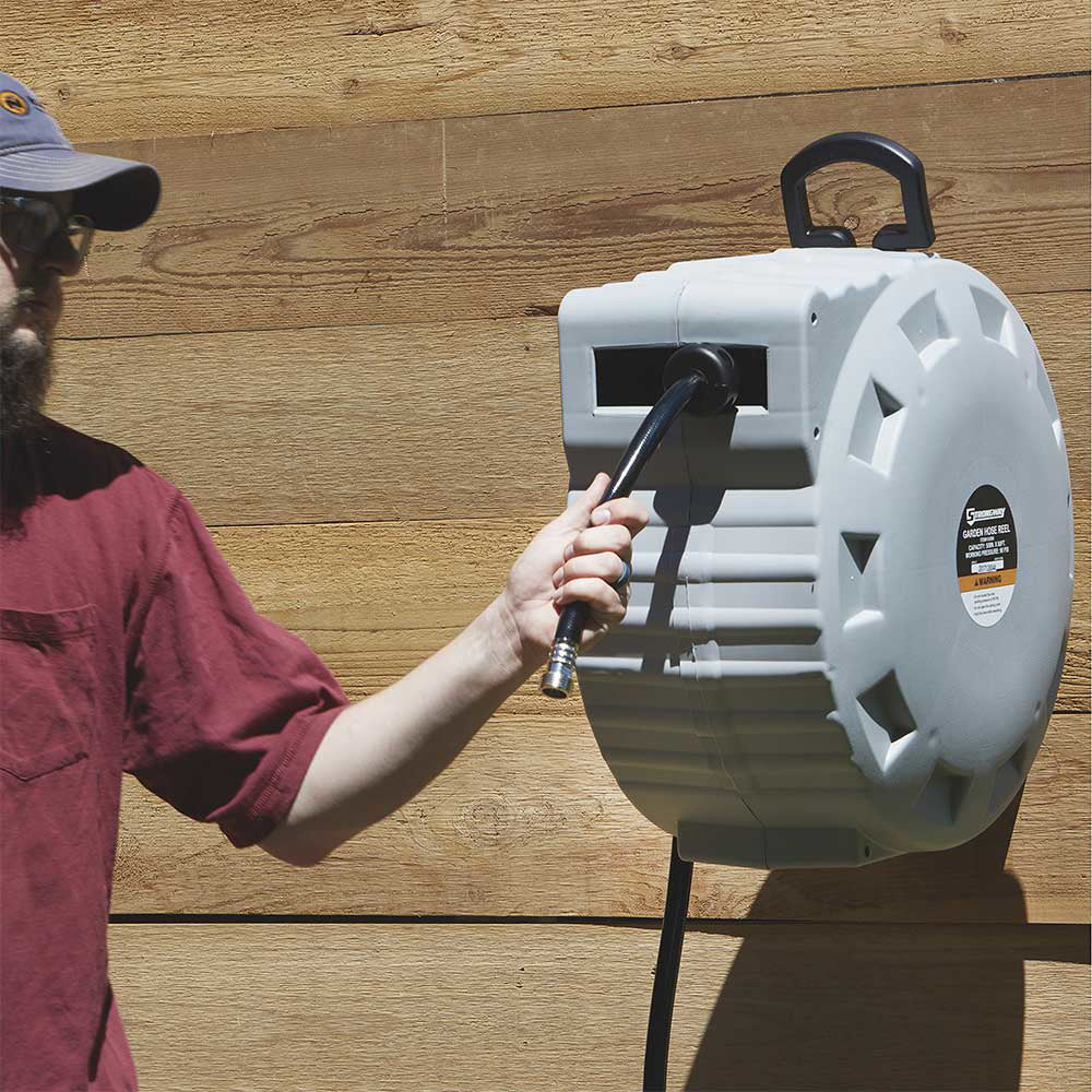 Strongway Retractable Garden Hose Reel | With 5/8 In. Dia x 80 Ft. Hose | Wall Mount