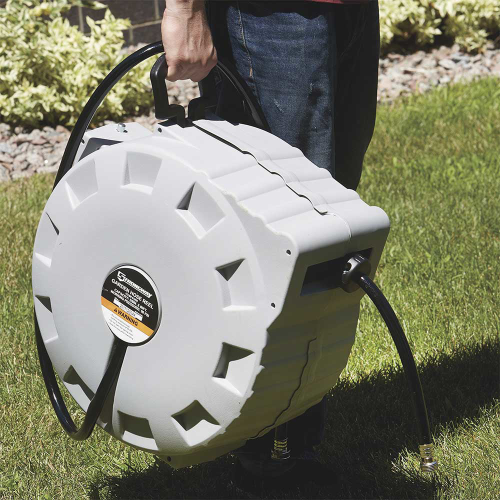 Strongway Retractable Garden Hose Reel | With 5/8 In. Dia x 80 Ft. Hose | Wall Mount