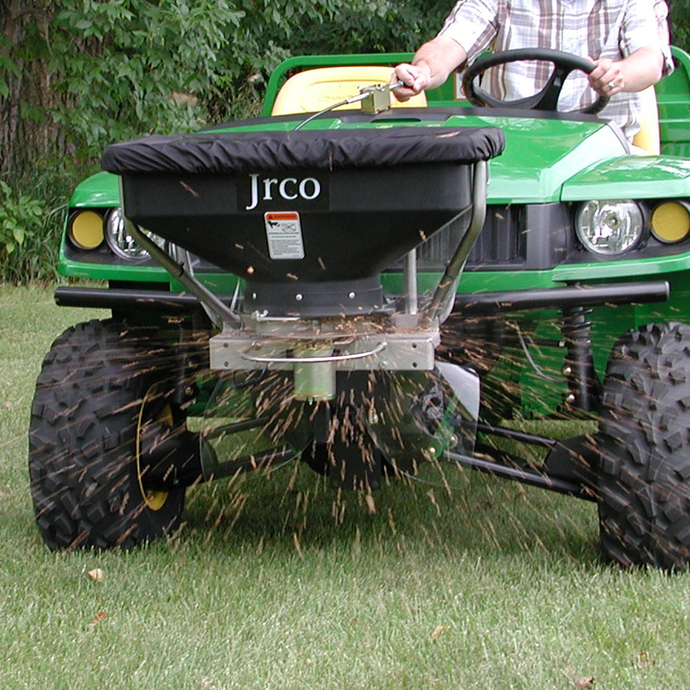 Jrco Broadcaster Spreader | Hitch Mount Attachment | Cable Control | For Side-by-Side Utility Vehicles, Stand-On Aerators, and Other Mowers or Blowers Equipped with Square Hitch Receiver Mount