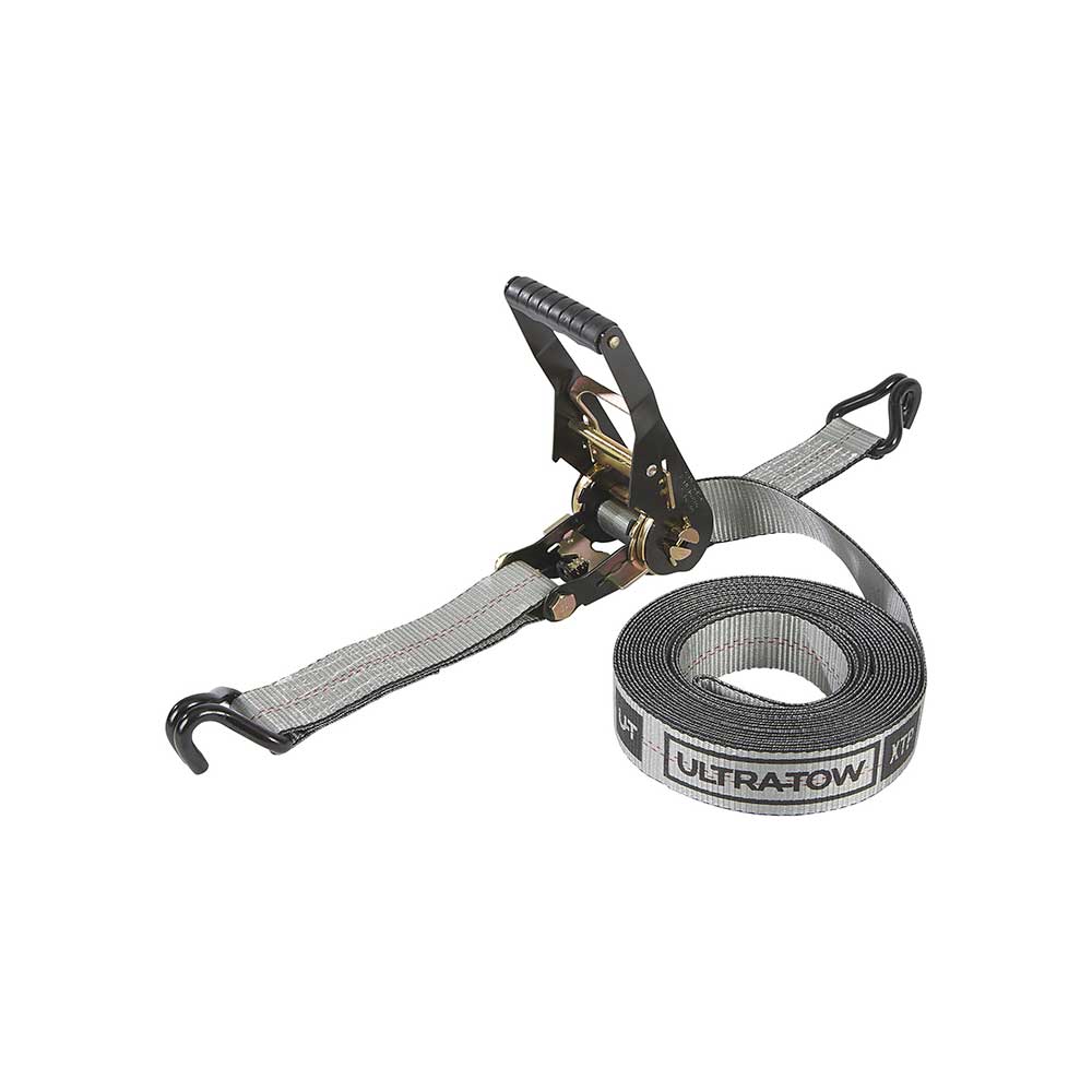 Ultra-Tow Auto Self-Tension Ratchet Strap J-Hook | 2-In. x 27-Ft. | 3,300-Lb. - 10,000-Lb. | Gray