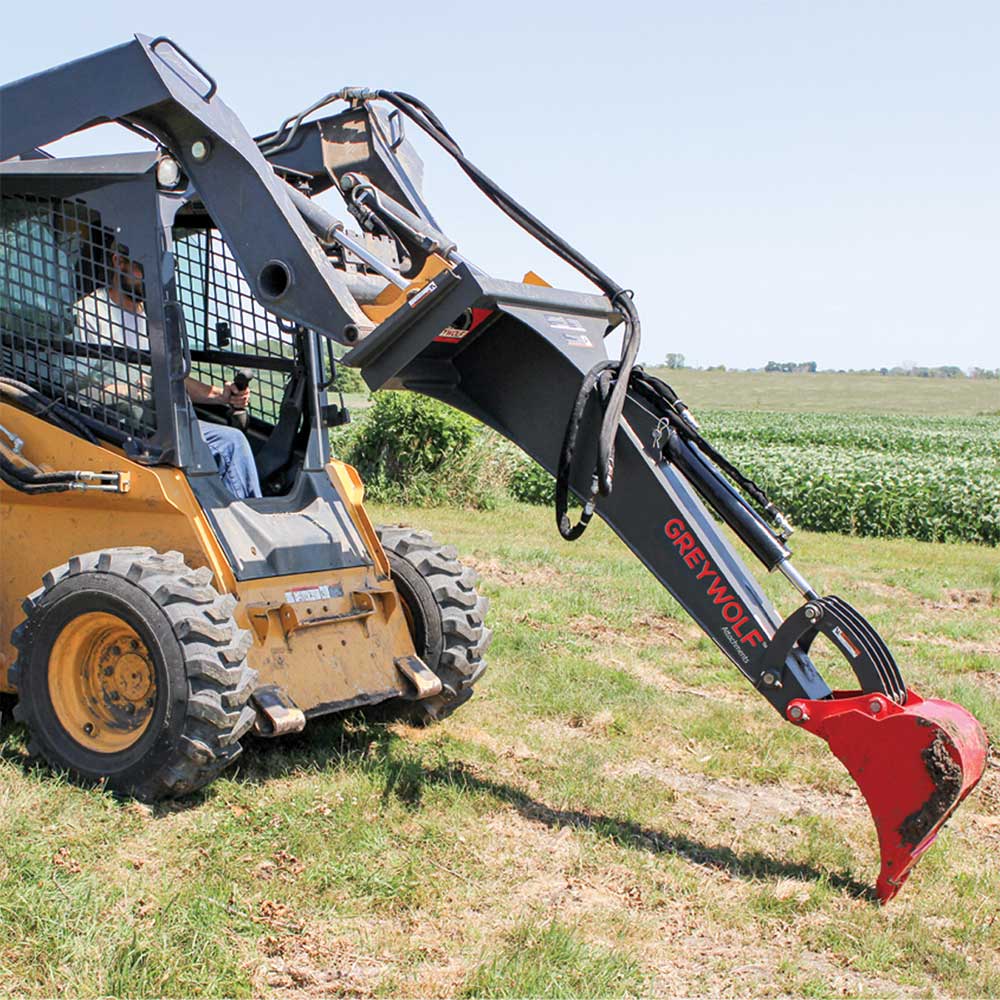 GREYWOLF Backhoe Attachment for Skid Steer Loaders | Gray/Red Powder Coat