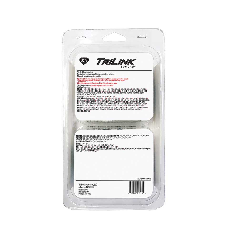 TriLink | Saw Chain | 20 In. | 72 DL | 3/8 In. | .050 In. | Chisel Reduced Kickback | 2 Pack