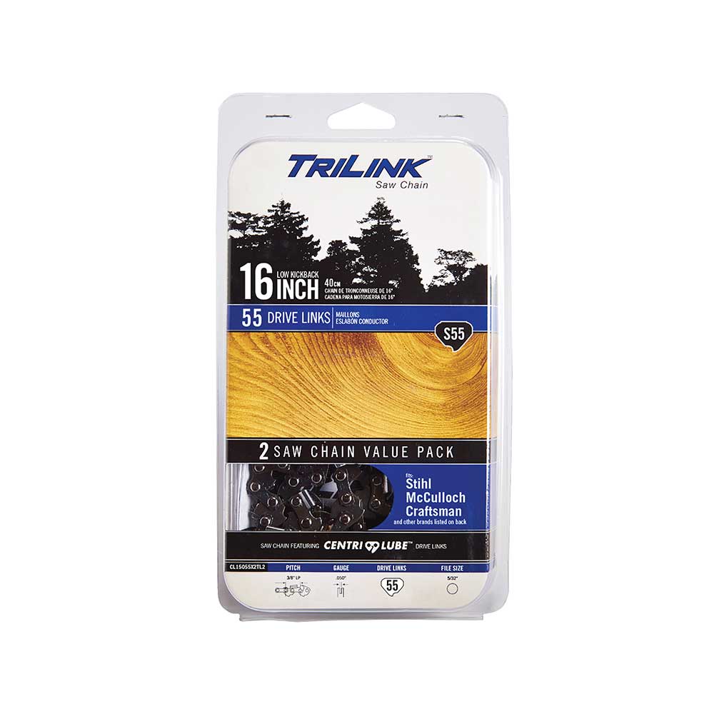 TriLink | Saw Chain | 16 In. | 55 DL | 3/8 In. LP | .050 In. | Semi-Chisel Reduced Kickback | 2 Pack