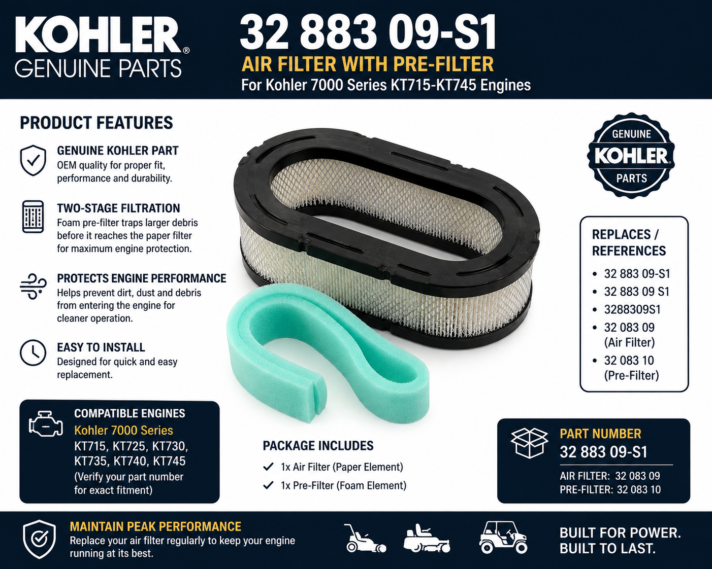 Kohler 32 883 09-S1 Genuine Air Filter with Pre-Filter for 7000 Series KT715-KT745 Engines