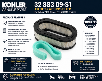 Kohler 32 883 09-S1 Genuine Air Filter with Pre-Filter for 7000 Series KT715-KT745 Engines