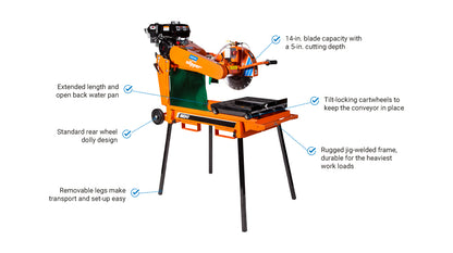 Norton Clipper Compact Masonary Saw | 14 In. | Rear Wheel Dolly with Removeable Legs | Honda GX160